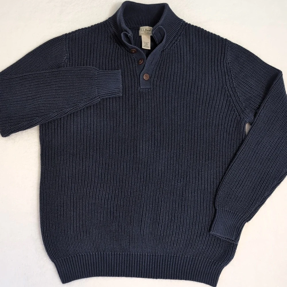 LL Bean Blue 1/4 Button Ribbed‎ Henley Pullover Knit Sweater Mens LT Cotton Ragg